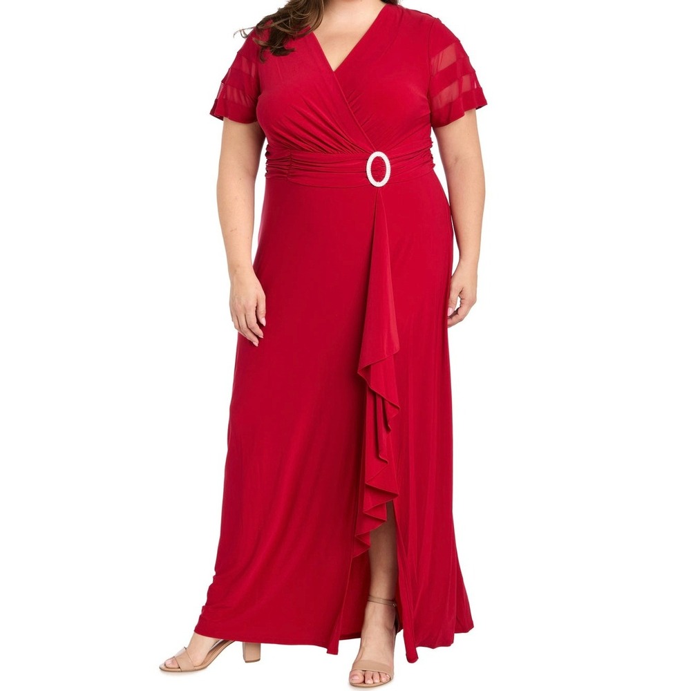 NWD R&M Richards Red Long Dress Ruffle Slit Illusion Sleeves Gown Sz 20W Formal